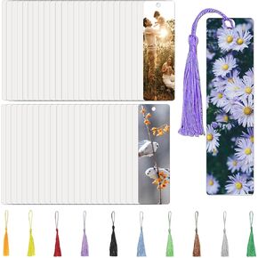 50 Pcs Sublimation Bookmarks Double Sided, 6" x 1.5" Sublimation Bookmark Blank Bulk Plastic Sublimation Blanks DIY Bookmarks with Hole and Colorful Tassels for Crafts Gift (Ultra Thin Plastic)