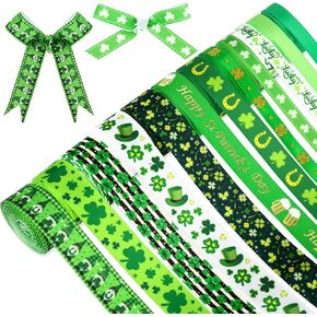 Whaline 12 Rolls 60 Yards St. Patrick's Day Ribbon Shamrock Wired Edge Ribbon Clover Hat Gnome Horseshoes Decorative Craft Ribbons for Irish Holiday Wrapping Decor Hair Bow Sewing Wreath Crafts Gift