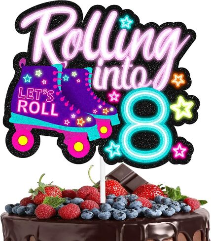 "Rolling into" cake topper roller skating theme 8th birthday happy roller skates decoration, boy and girl birthday party, club hip hop party, or disco party decoration, birthday gift for kids.LIANGSS in Kuwait