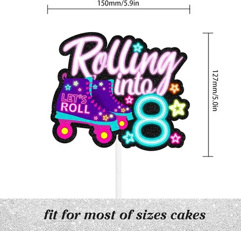 "Rolling into" cake topper roller skating theme 8th birthday happy roller skates decoration, boy and girl birthday party, club hip hop party, or disco party decoration, birthday gift for kids.LIANGSS in Kuwait
