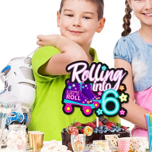 "Rolling into" cake topper roller skating theme 8th birthday happy roller skates decoration, boy and girl birthday party, club hip hop party, or disco party decoration, birthday gift for kids.LIANGSS in Kuwait
