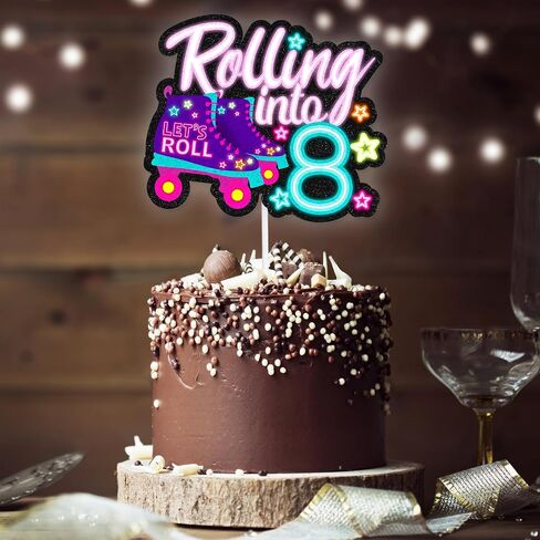 "Rolling into" cake topper roller skating theme 8th birthday happy roller skates decoration, boy and girl birthday party, club hip hop party, or disco party decoration, birthday gift for kids.LIANGSS in Kuwait