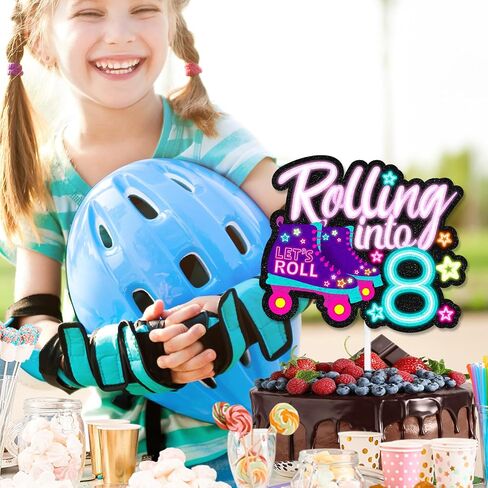 "Rolling into" cake topper roller skating theme 8th birthday happy roller skates decoration, boy and girl birthday party, club hip hop party, or disco party decoration, birthday gift for kids.LIANGSS in Kuwait