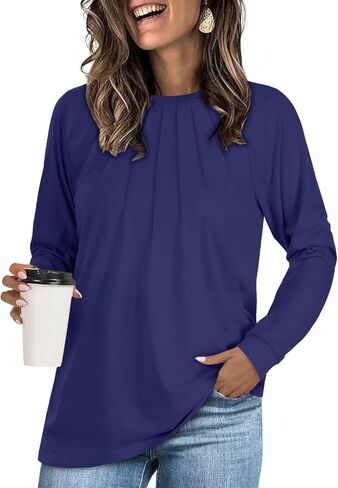 LYANER Women's Long Sleeve Shirts Dressy Casual Blouses T Shirts Crew Neck Pleated Tunic Top in Saudi Arabia