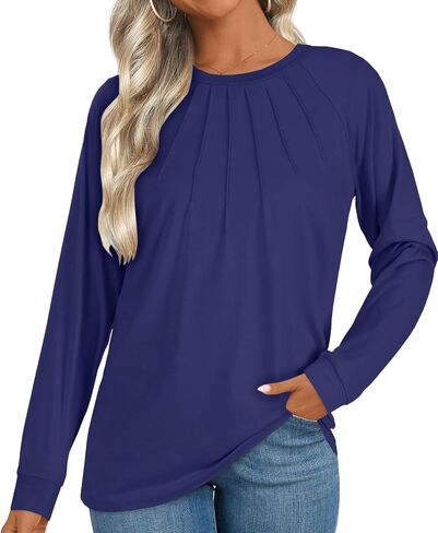 LYANER Women's Long Sleeve Shirts Dressy Casual Blouses T Shirts Crew Neck Pleated Tunic Top in Saudi Arabia
