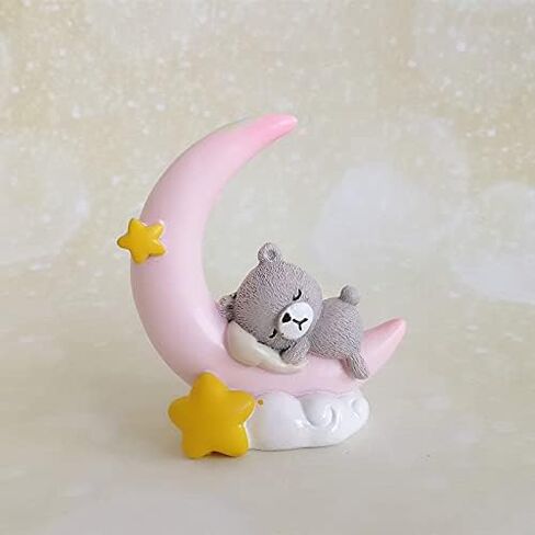 Mini Bear and Moon Cake Topper Figurine Lightweight Ornament Home Decor Gift For Kids Boys Girls Birthday Party Baby Shower Wedding Theme Baby Supplies (Pink) in Saudi Arabia