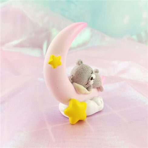 Mini Bear and Moon Cake Topper Figurine Lightweight Ornament Home Decor Gift For Kids Boys Girls Birthday Party Baby Shower Wedding Theme Baby Supplies (Pink) in Saudi Arabia