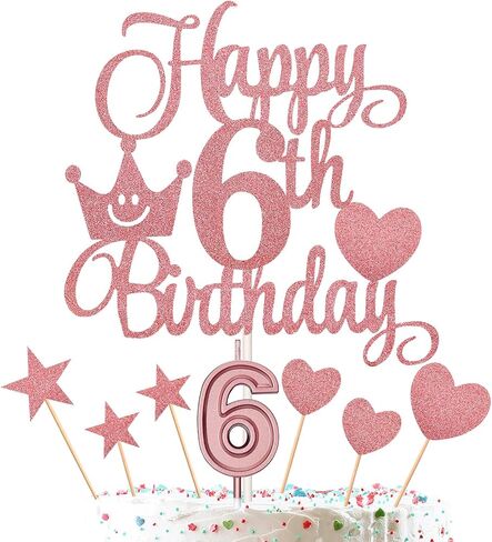 6th Birthday Cake Decorations Set Include 6th Birthday Candles Numeral 6 Cake Candles and Happy 6th Birthday Cake Toppers with Heart Star Cupcake Picks for Birthday Party (Gold Series) in Saudi Arabia