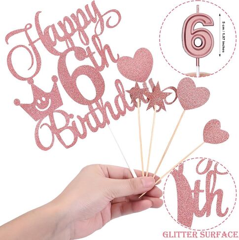 6th Birthday Cake Decorations Set Include 6th Birthday Candles Numeral 6 Cake Candles and Happy 6th Birthday Cake Toppers with Heart Star Cupcake Picks for Birthday Party (Gold Series) in Saudi Arabia