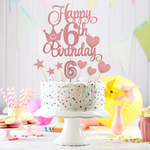 6th Birthday Cake Decorations Set Include 6th Birthday Candles Numeral 6 Cake Candles and Happy 6th Birthday Cake Toppers with Heart Star Cupcake Picks for Birthday Party (Gold Series) in Saudi Arabia