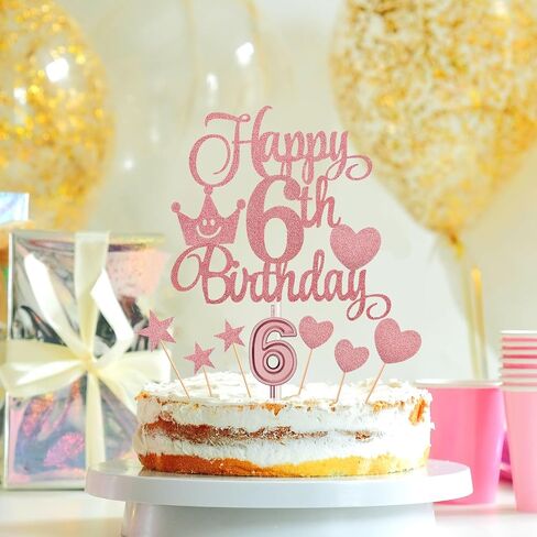 6th Birthday Cake Decorations Set Include 6th Birthday Candles Numeral 6 Cake Candles and Happy 6th Birthday Cake Toppers with Heart Star Cupcake Picks for Birthday Party (Gold Series) in Saudi Arabia