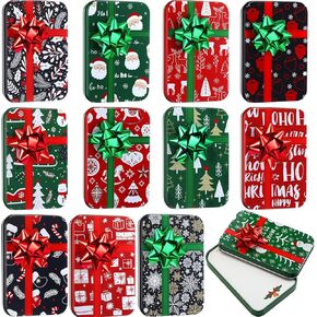 Yaocom 12 Sets Christmas Gift Card Holder Tin Boxes with Greeting Cards and 12 Gift Bows for Stocking Stuffers Xmas Party Favors,4.9 x 3.3 x 0.7 Inches