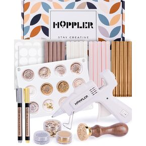 Hoppler Premium Wax Seal Kit with Seal Gun, Wax Sticks, a Flower Stamp, 12 Cavity Silicone Mold, and Extra Additions to Make Seals Stand Out and Make Invitations in Bulk.