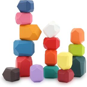24 Balancing Wooden Blocks for Toddlers Multicolored Stacking Stones Building Sensory Fun Educational Toy Motor Skills, Learning, Color and Shape Recognition Stocking Stuffers for Kids