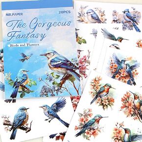 20 Sheets Vintage Bird Flower Stickers for Scrapbooking Retro Birds Floral Landscape Stickers Watercolor Illustration Sticker Book Flower Bird Sticker for Kids Journaling Scrapbook Supplies Stationery