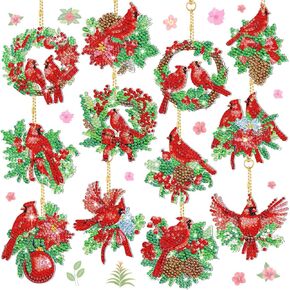 Thinkday 12 Pcs Diamond Painting Keychains Red Bird Diamond Key Rings Art Ornaments DIY 5d Hanging Pendant Acrylic Rhinestones Key Chain for Crafts Bag Easter Christmas New Year Seasonal Decor