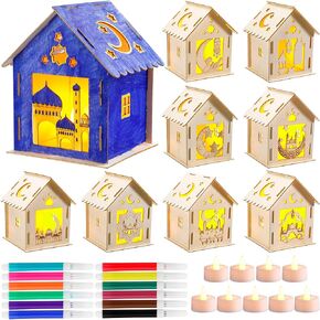 9 Pcs Eid Mubarak Wooden House with 12 Watercolor Pens and 9 LED Flameless Tealight Candles DIY Luminous Graffiti Crafts Ramadan Decorations Wooden Eid Houses for Kids Paint Party Supplies