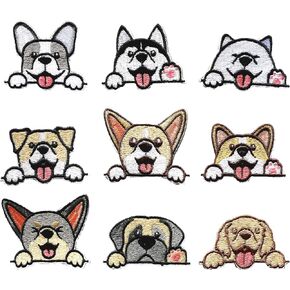 Sewing Repair Patches for Clothing, Self-Adhesive Embroidered Decorative Patches for Covering Holes, Cute Dog Patches for Down Jacket Tent Clothes Bags Cushion, 9pcs