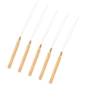 5 Pcs Wooden Hair Extension Loop Needle Threader Pulling Hook Tools Hair Bead Threader Tools Nano Beads Threader for Feather or Hair Extensions