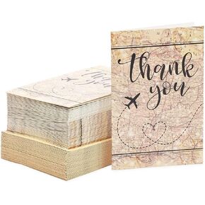 Pipilo Press 48 Pack Travel Thank You Cards with Envelopes, 4x6 Notecards with Airplane, Map, and Adventure Design (Brown)
