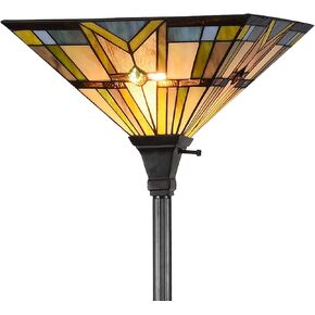 Tiffany Style Mission Floor Lamp Stained Glass Shade Torchiere Lamps, Vintage Uplight Standing Light Fixture for Living Room Bedroom Office, Multi-Colored