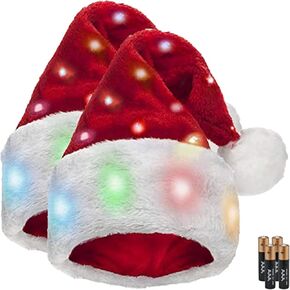 Plush Santa Hat - Pack of 2 - Funny Christmas Hats for Kids & Adults with 20 Light Up, Color-Changing LED Lights and Batteries - Adult Size