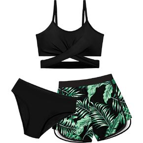 Girls Swimsuit Size 10 12 Bikini Set Kids Bathing Suits Criss Cross Three Piece Black Tropical Print Girls' Swimwear Size 10-12 with Hawaii Shorts