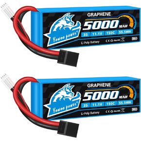 Yowoo 2 Pack 3S Lipo Battery 5000mAh 150C 11.1V Graphene Lipo Battery with TR Plug Connector for RC Airplane Helicopter Quadcopter Boat E-Maxx Axial RC Cars Truck Buggy Truggy Hobby