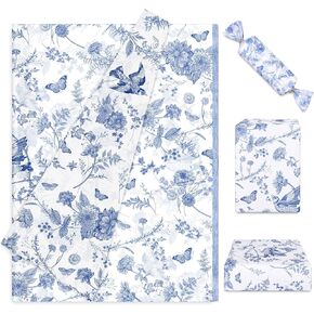 Whaline 100 Sheet Blue Floral Tissue Paper Chinoiserie Gift Wrapping Paper Blue Bird Butterfly Packaging Paper DIY Art Craft Paper for Baby Shower Wedding Birthday Party Decoration, 13.7x19.6 Inch