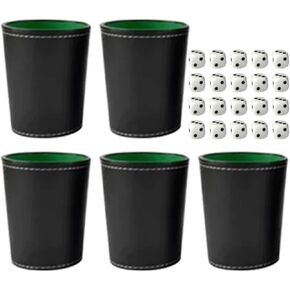 5 Pack PU Leather Dice Cup Set, Dice Shaking Box Felt Lining Quiet Shaker, Include 20 Dot Dices Exquisite Hand Feeling Black Shaking Box for Dice Game at Bar Home
