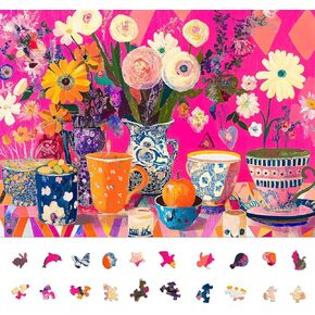 Flowers Art Jigsaw Puzzles for Adults 1000 Pieces, Difficult Challenging Unique Puzzle for Adults, 6 Colors on Back Pink Puzzles, Puzzle Size 26.6x19.2