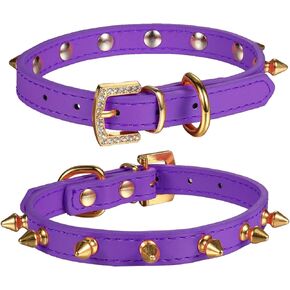 LOVPE One Row Golden Spiked Studded Leather Dog Collar/Cat Collar with Golden Rhinestone Buckle for Small Dog/Cat Puppy Kitty (Black, S)