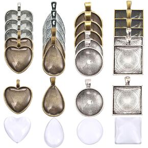 BetterJonny 48pcs Reshelant Pendant Rays ، 4 أشكال صواني المعلقات مجموعة بما في ذلك 24pcs سحر الفراغات الواضحة و 24pcs cabochons الزجاجية لصنع المجوهرات DIY (2 لون)
