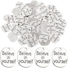 Framendino, 50 Pack Inspirational Words Charm Message Pendant Believe in Yourself Charms Beads for Jewelry Making Craft Supplies