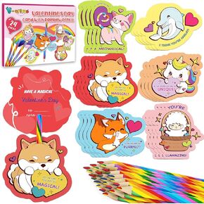 Valentines Day Cards for Kids - 24 Pack Rainbow Pencils with Animal Cards, Valentine Party Favors for Boys Girls, Kids Exchange Cards for School Classroom, Ideal Valentine Gifts