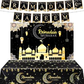 Ramadan Kareem Mubarak Party Decorations Backdrop Banner Tablecloths Eid Al FITR Black Gold Background for Islamic Muslim Family Gatherings Accessories Mosque Theme Party Supplies (Black)