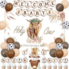 JOYMEMO Brown Highland Cow Baby Shower Decorations for Boy, Holy Cow We are Having a Baby Backdrop Decor with Welcome Baby Print Banner Cake Topper, Farm Highland Cattle Baby Shower Party Supplies