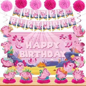 19Pcs Axolotl Birthday Decorations Pink Axolotl Party Supplies Includes Banner Backdrop Cartoon Axolotl Hanging Swirls Honeycomb Centerpieces Paper Pompoms for Boys Girls Baby Shower Party Decor