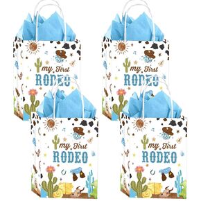 Luvsweets My First Rodeo Decorations Boy - 16 Pcs Cowboy Theme Gift Bags with Handles Tissue Paper, Goodie Candy Paper Bags for 1st Rodeo Birthday, Western Decoration Party Favors