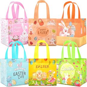 AhfuLife Easter Gift Bags with Handles, 6 Pcs Easter Egg Hunt Bags for Kids, Reusable Non-woven Easter Rabbit Bunny Bag for Easter Egg Hunt Party Supplies Decorations, 8"×5.9"×7.8"
