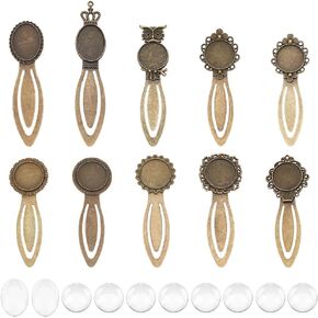10 Styles Vintage Bookmarks Bezel Blanks Tray Antique Bronze Bookmarks Settings with Round Tray Cabochon Bookmark Making for DIY Bookmark Making Book Lovers,Tray:20mm