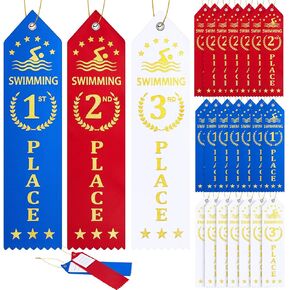Janmercy 75 Pitch Swimming Award Ribbons 1st 2rd Place Place Flat Card Ribbon مع بطاقة حدث وحبل للسباحة ، والمناسبات الرياضية ، والمسابقات ، والأزرق ، والأحمر ، والأبيض