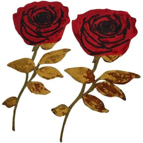2 Pack Rose Flower Embroidered Iron On Patch for Jeans Clothing, Sequin DIY Badge Paste Sewing Applique Patches for Jackets Backpacks (Red)