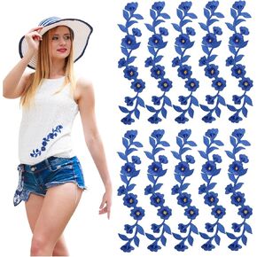 BENOSPACE10 Pcs Long Flower Embroidered Patches Peony Flower Iron on Patches Floral Trimming Decorative Embroidered Applique Sewing Patches for Clothing Bags Jackets Jeans Shoes DIY Craft(Royal Blue)