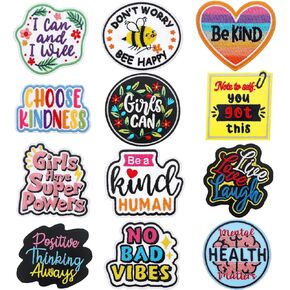 Lyrow 12 Pcs Positive Iron on Patches Inspirational Affirmations Sew on Retro Patches Embroidered Applique Repair Sticker for Clothes Hats Jean Jackets Backpacks DIY Craft