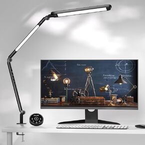 LED Desk Lamp with Clamp, Desk Light, Adjustable Brightness & Color Temperature, Modern Architect Clip on Lamp with Memory & Timer Function, Clamp Light for Study, Work, Home, Office, 15W