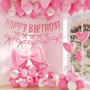 Pink Birthday Decorations for Adults and Women with White Light Pink Long Balloons Pink Bow Banner Light Pink Fringe Curtains for Bow Party Decorations and Pink Happy Birthday Decorations