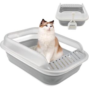 Open Cat Bedpan with Spoon,Shallow Splash Proof Travel Litter Box with Sand Drop Pedal High Side Low Entrance Cat Toilet Semi-Enclosed Adjustable for Kittens Elderly Cats Disabled Cats(Gray)