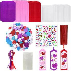 48 Set Valentines Bookmark Craft Kits DIY Blank Bookmarks Heart Shaped Stickers Satin Cord Red Pink Purple DIY Valentine’s Day Felt Bookmarks for Loved Classroom Activities Reading