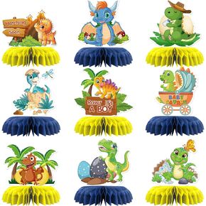 9Pcs Hatching Soon Table Honeycomb Decorations, Dinosaur Baby Shower Table Centerpieces, It's a Boy Sign, Wild Animals Cute Dinosaurs 1st Birthday Party Favor Decoration Supplies